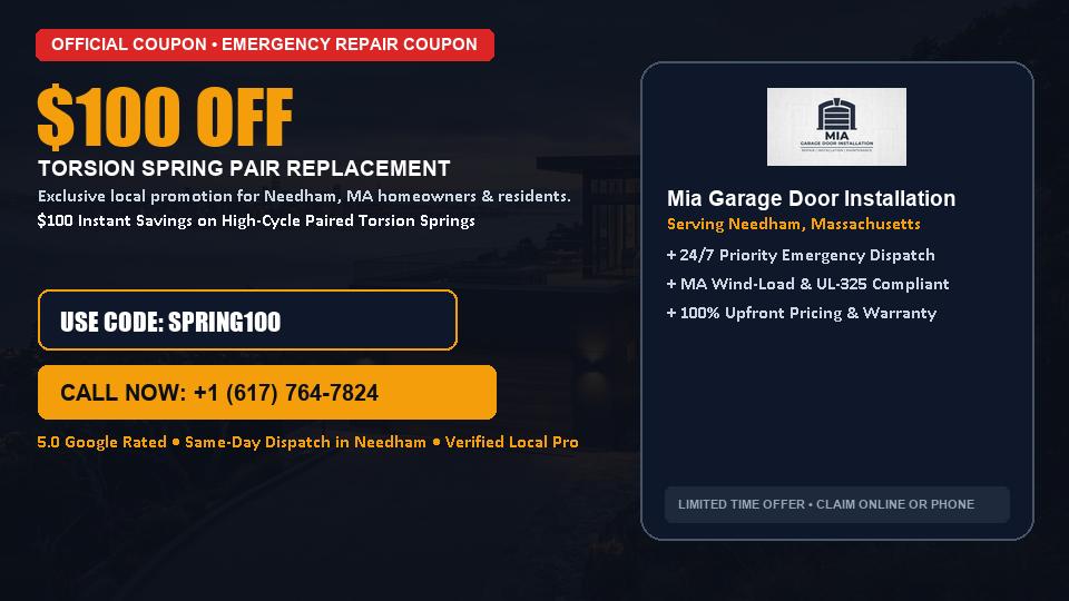 $100 OFF Dual High-Cycle Torsion Spring Replacement in Needham, MA - Mia Garage Door Installation