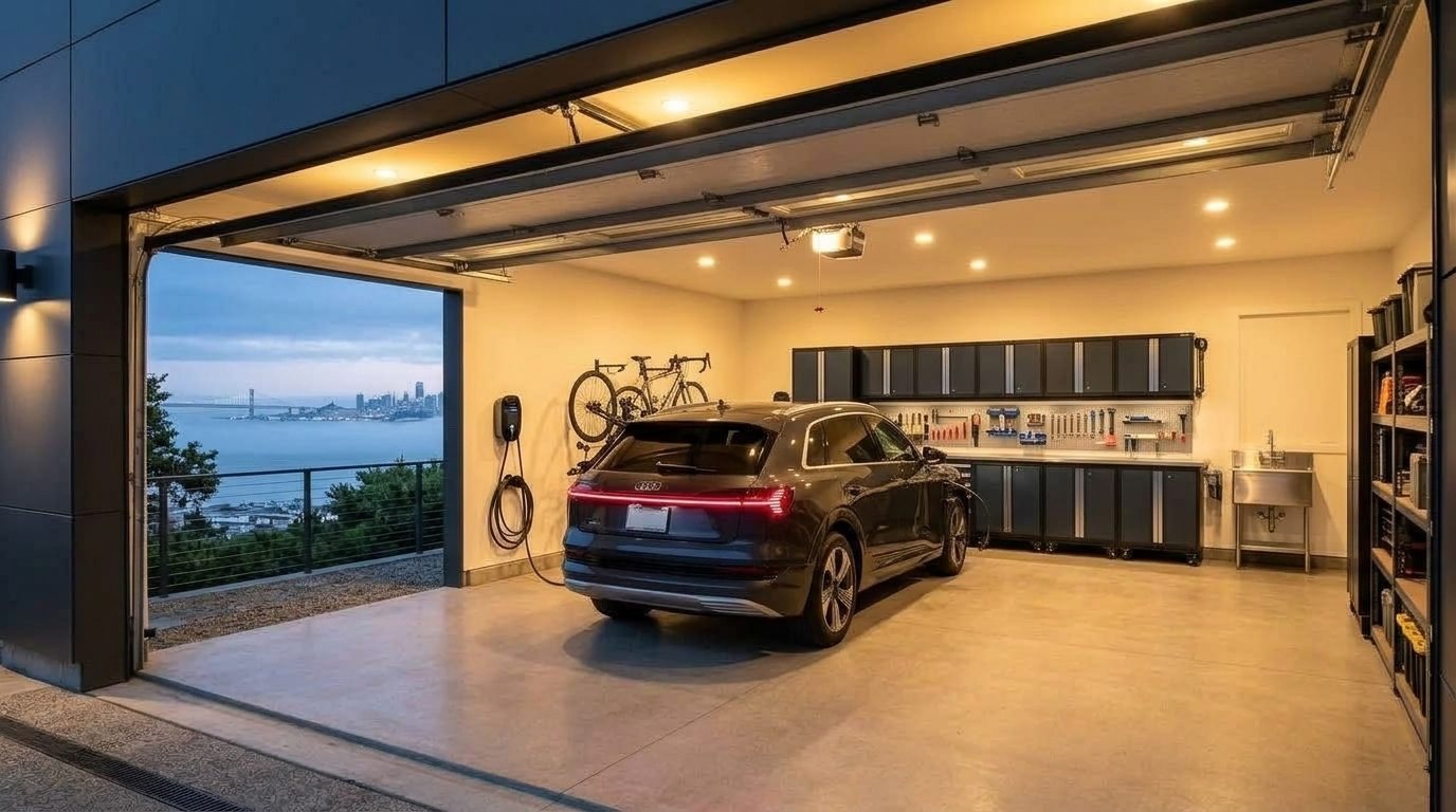 Mia Garage Door Installation Interior View of Custom Garage Door Overhead and Workshop